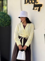 شومیز کراپ جلو گره زنانه لینن لیمویی - نمای جانبی پوشاک تابستانه کیلیک